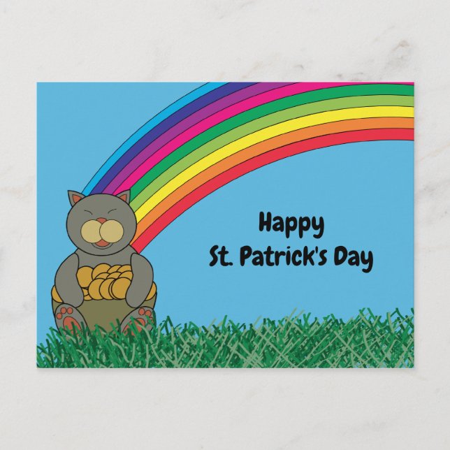 Happy St Patricks Day Cat Rainbow Pot of Gold Postkarte (Vorderseite)