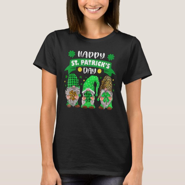 Happy St Patricks Day Drei Gnome Kleeblatt Leopard T-Shirt (Vorderseite)