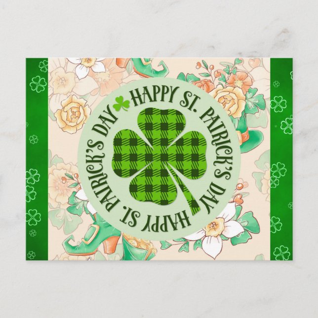 Happy St Patricks Day Floral Green Kleeblatt Postkarte (Vorderseite)