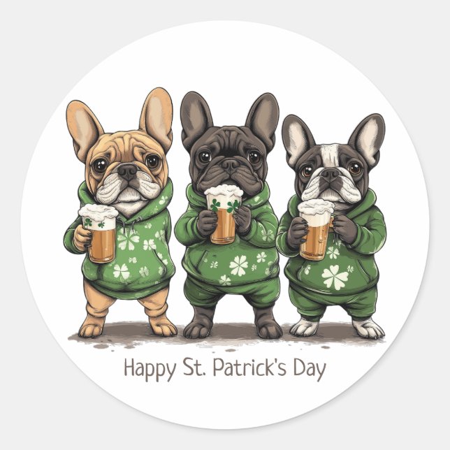 Happy St. Patrick's Day French Bulldogs Runder Aufkleber (Vorderseite)