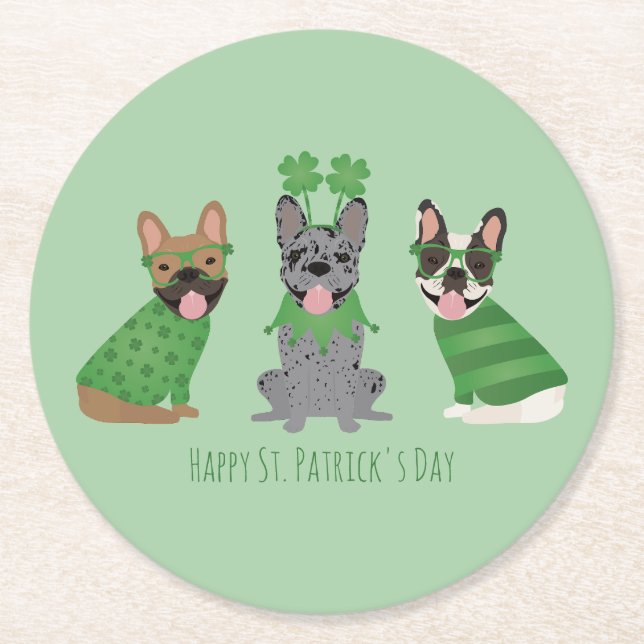 Happy St Patricks Day French Bulldogs Runder Pappuntersetzer (Vorderseite)