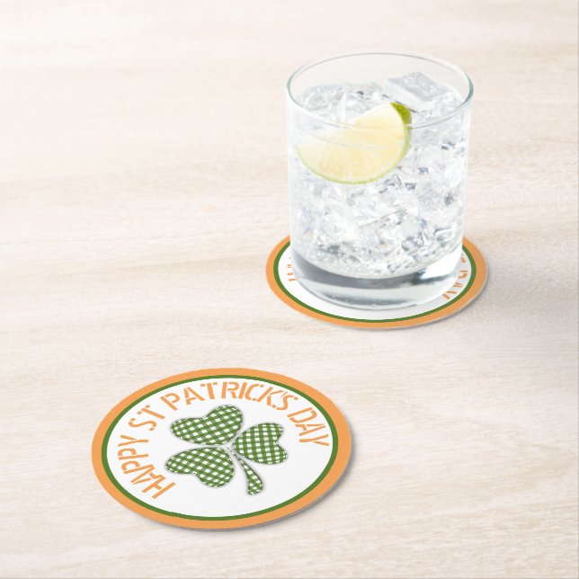 Happy St Patrick's Day Green Gingham Kleeblatt Runder Pappuntersetzer (Vor Ort)