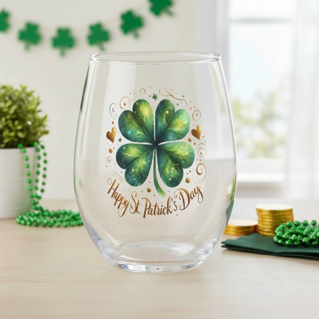 Happy St. Patrick's Day Green & Gold Kleeblatt Weinglas Ohne Stiel (Happy St. Patrick's Day Green & Gold Shamrock Stemless Wine Glass)