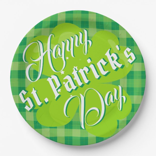 Happy St. Patrick's Day Green Tartan Lucky Clover Pappteller (Vorderseite)
