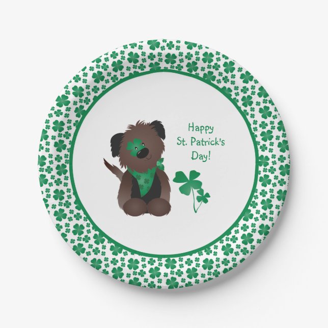 Happy St Patricks Day Hund Vierblättriges Kleeblat Pappteller (Vorderseite)