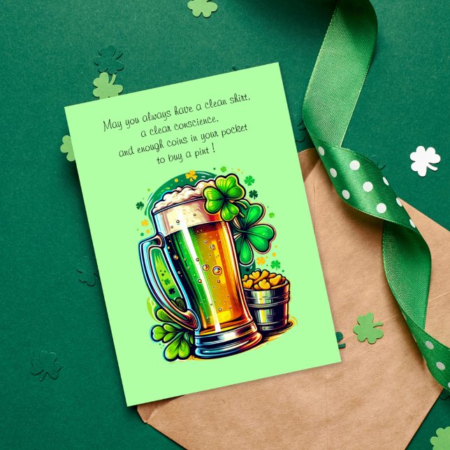 Happy St Patrick's Day Irish Segen Karte (St Patrick's Day card with Irish blessing and beer on the card.)