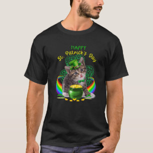 Happy St Patricks Day Kitten Leprechaun Hat Shamro T-Shirt