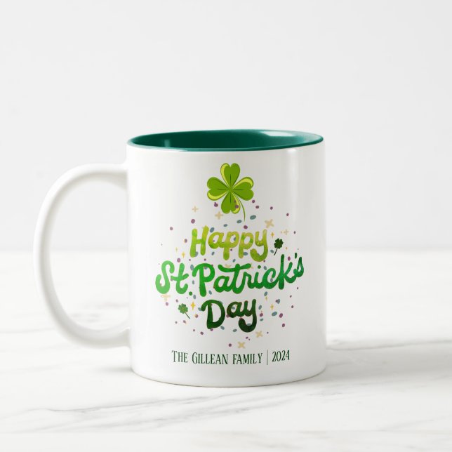Happy St. Patrick's Day Kleeblatts Familienname Zweifarbige Tasse (Links)