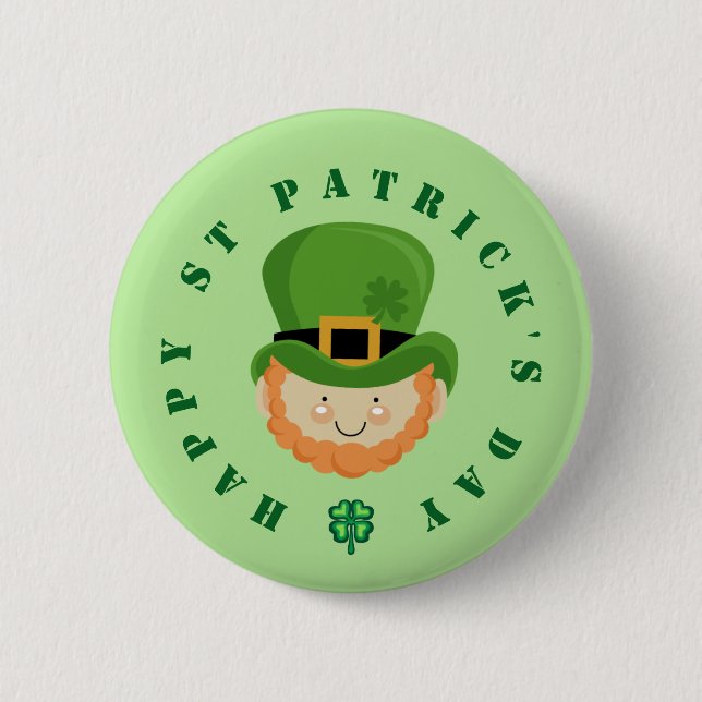 Happy St Patrick's Day Leprechaun und Kleeblatt Button (Vorderseite)