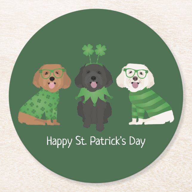 Happy St Patricks Day Maltipoo Dogs Runder Pappuntersetzer (Vorderseite)