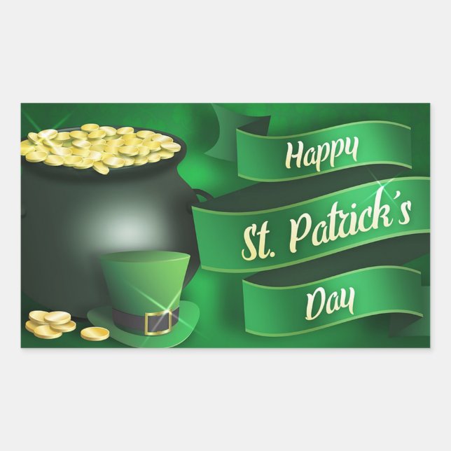 Happy St Patrick's Day mit Pot of Gold Rechteckiger Aufkleber (Vorderseite)