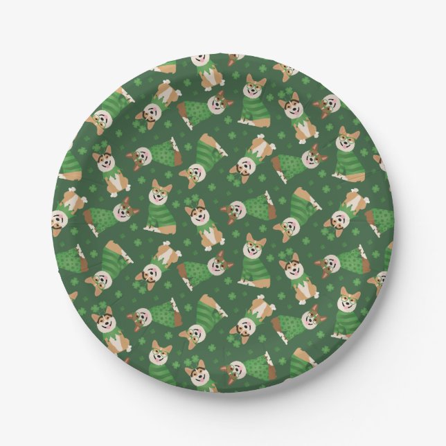 Happy St Patricks Day Pembroke Welsh Corgi Dogs Pappteller (Vorderseite)
