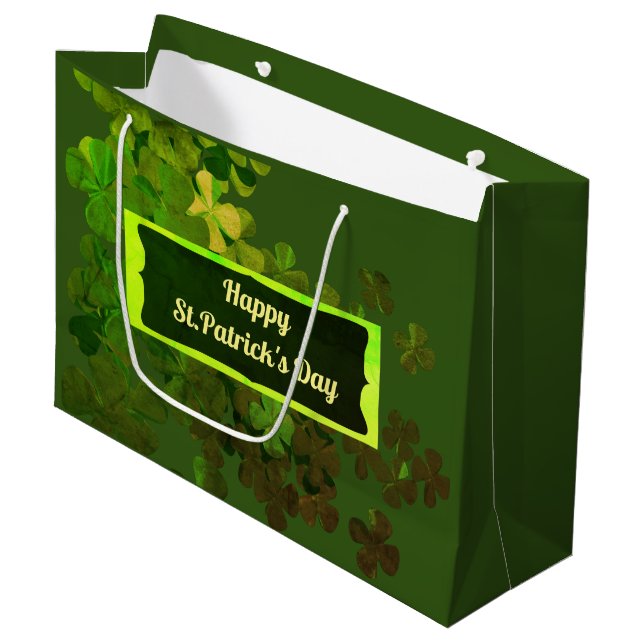 Happy St.Patrick's Day, personalisiert große Gesch Geschenktüte (Vorderseite Schrägansicht)