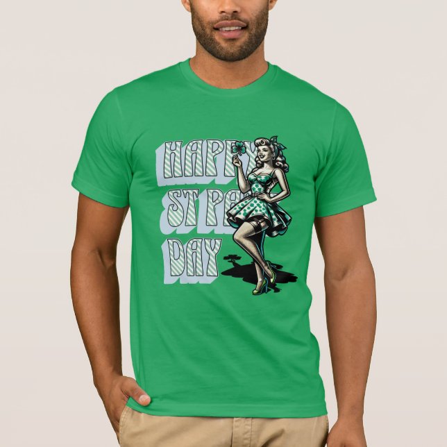 Happy St Patrick's Day Pinup Girl mit Kleeblatt T-Shirt (Vorderseite)