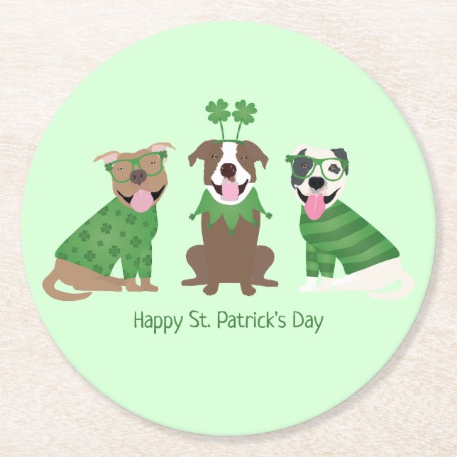 Happy St Patricks Day Pit Bull Hogs Runder Pappuntersetzer (Vorderseite)