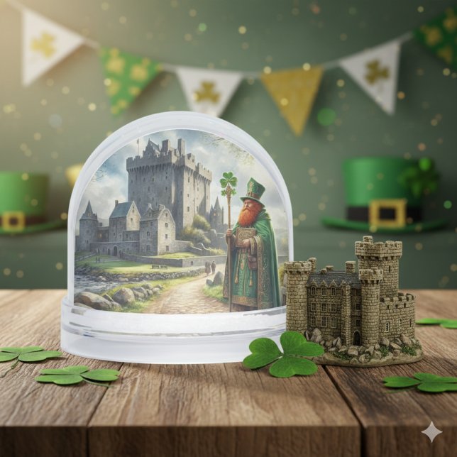 Happy St Patrick's Day  Schneekugeln (St. Patrick’s Day snow globe mockup with Blarney Castle and shamrock on rustic wood table.)