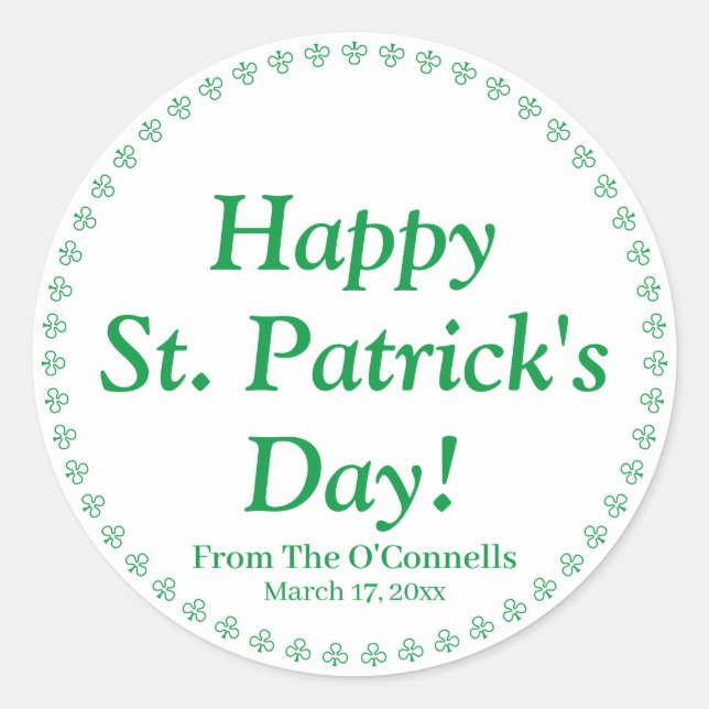 Happy St. Patrick's Day White Custom Text Klee Runder Aufkleber (Vorderseite)