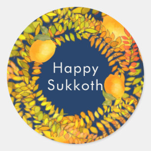 Happy Sukkot-Affen und Blätter blau Runder Aufkleber