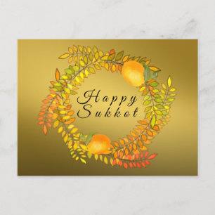 Happy Sukkot Imitat Goldlemonen und Blätter Kranz Postkarte
