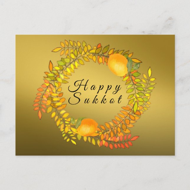 Happy Sukkot Imitat Goldlemonen und Blätter Kranz Postkarte (Vorderseite)