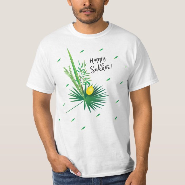 Happy Sukkot Lulav und Etrog Wasserfarbmuster T-Shirt (Vorderseite)