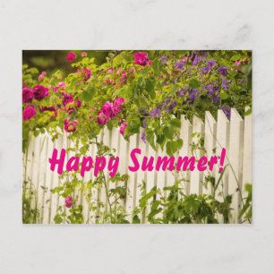 Happy Summer pink Roses Blumengestein Weißer Garte Postkarte
