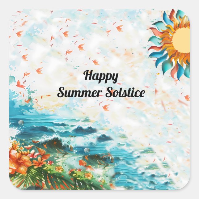 Happy Summer Solstice Sun Blume Sea Quadratischer Aufkleber (Vorderseite)