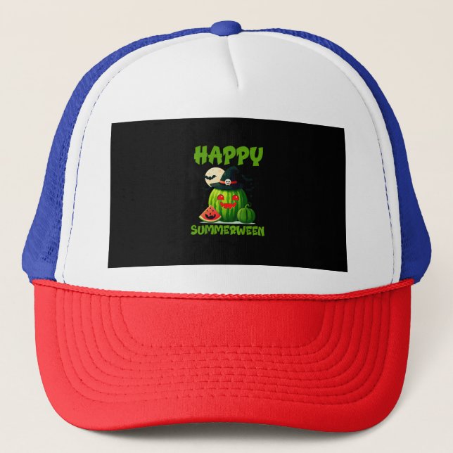 Happy Summerween Summer Watermelon Jack-O-Lantern Truckerkappe (Vorderseite)