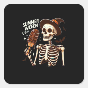 Happy Summerween Vibes Skeleton IceCream Summer Ha Quadratischer Aufkleber