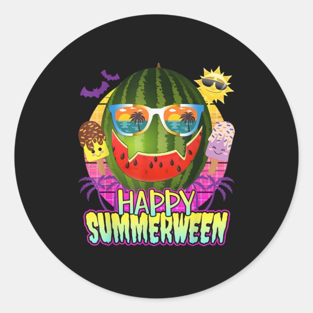Happy Summerween Watermelon Kürbislaterne Summer Runder Aufkleber (Vorderseite)
