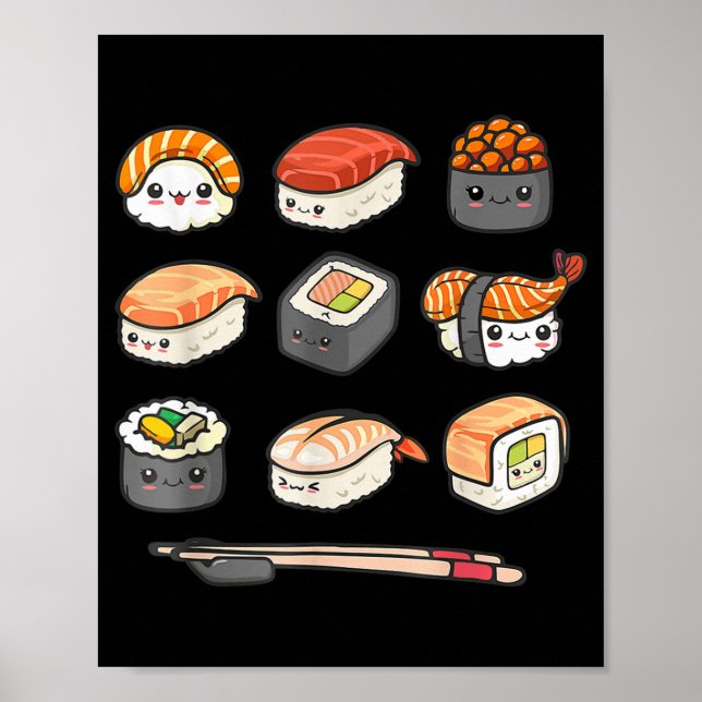 Happy Sushi Anime Kawaii Set Japanisch Food Lover  Poster (Vorne)