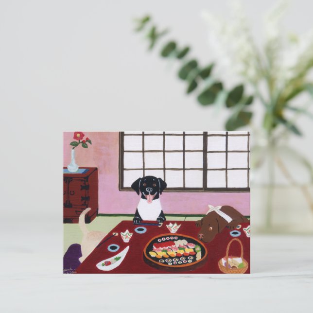 Happy Sushi Party Labradors Postkarte (Stehend Vorderseite)