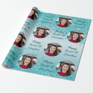 Happy Sweet 16 Falling Aquamarin Blue Glitzer & Fo Geschenkpapier