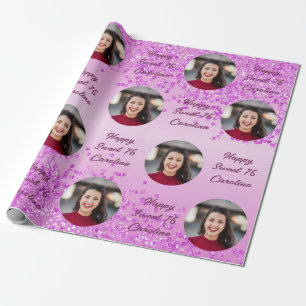 Happy Sweet 16 Falling Pink Glitzer & Foto Geschenkpapier