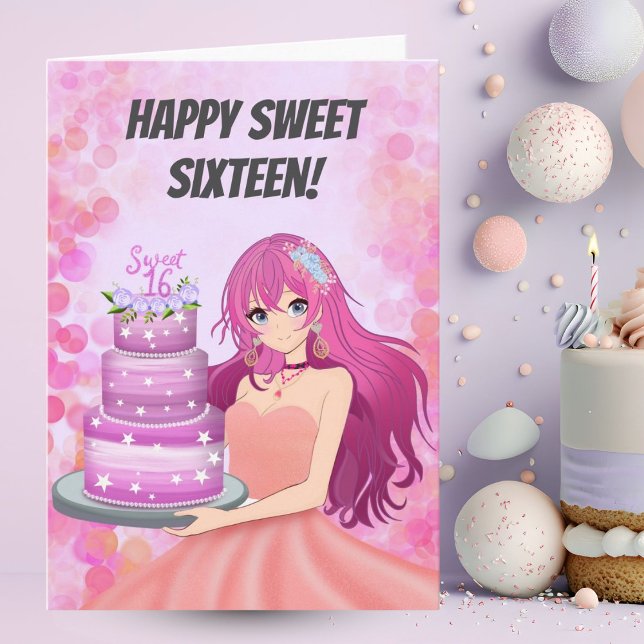Happy Sweet Sixteen Anime Girl With Cake Karte (Von Creator hochgeladen)