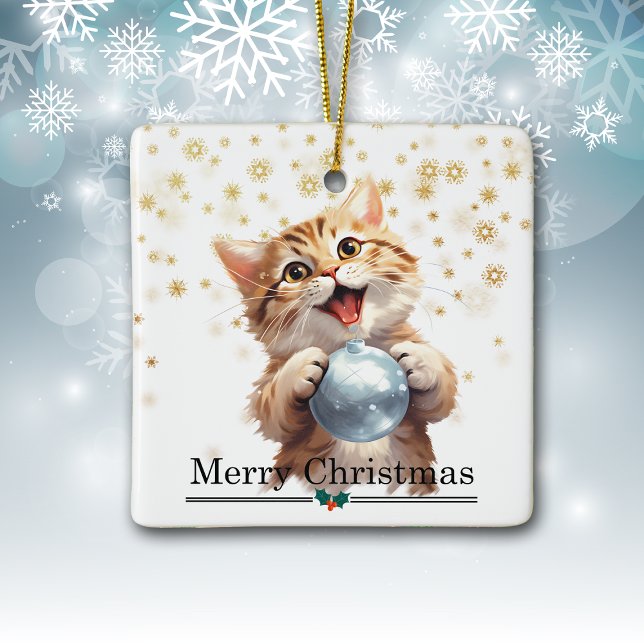 Happy Tabby Kitten with Christmas Tree Bulb Keramikornament (Von Creator hochgeladen)