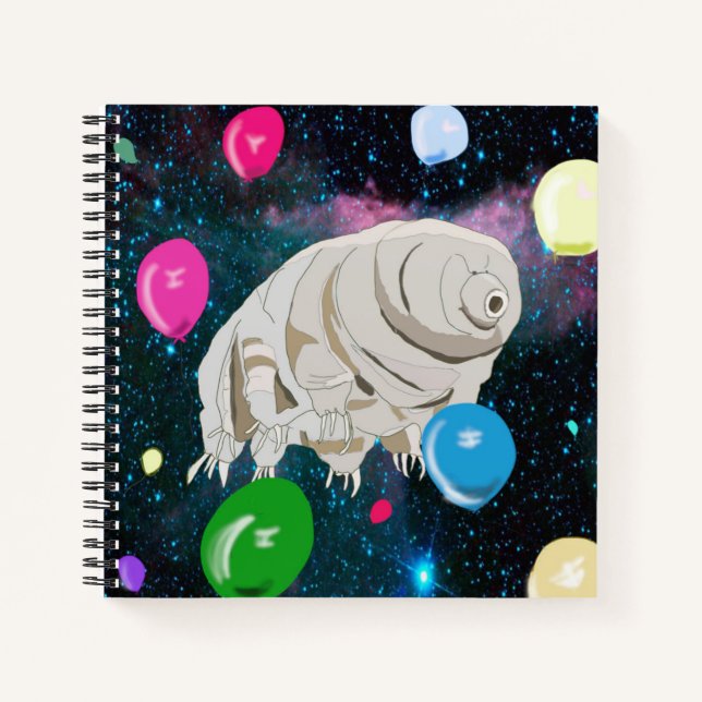 Happy Tardigrade schwebt durch Raum & Ballons Notizbuch (Vorderseite)