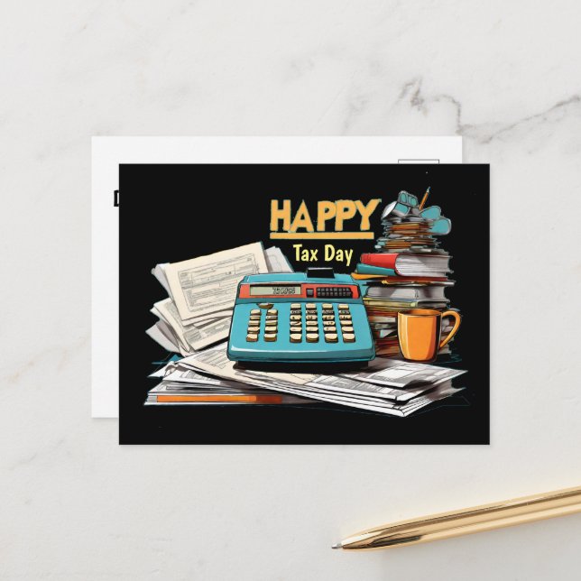 Happy Tax Day Rechner mit Formularen Postkarte (Vorderseite/Rückseite Beispiel)