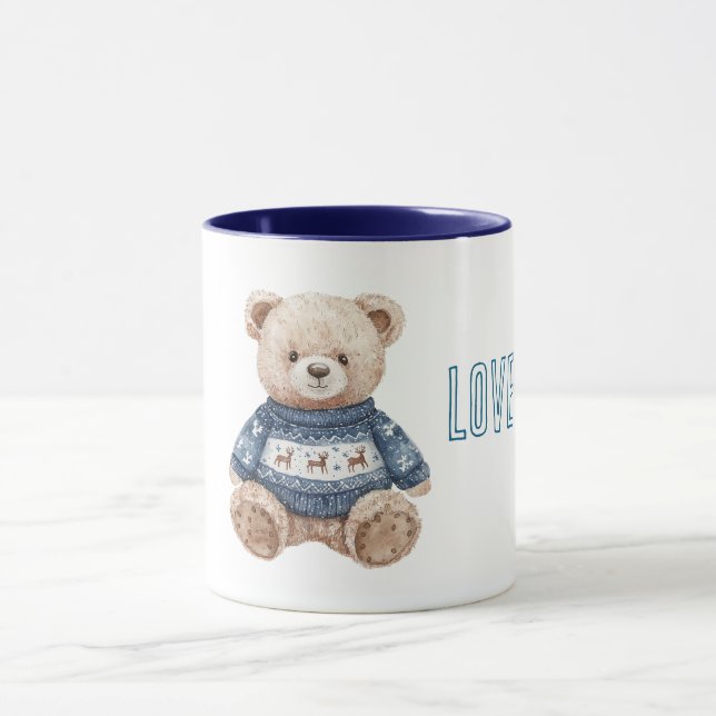 Happy Teddy Bear Blue Sweater Love Tasse (Zentrum)