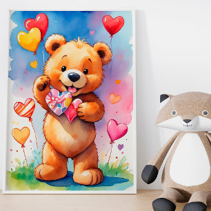 Happy Teddy Bear mit Herzgeschenk und Balloons Poster