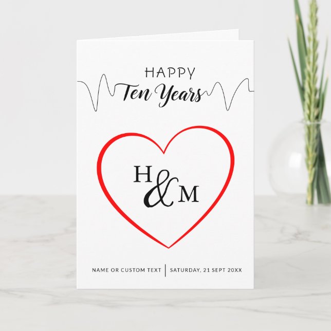 Happy Ten Years Elegant Monogram Heart Anniversary Karte (Vorderseite)