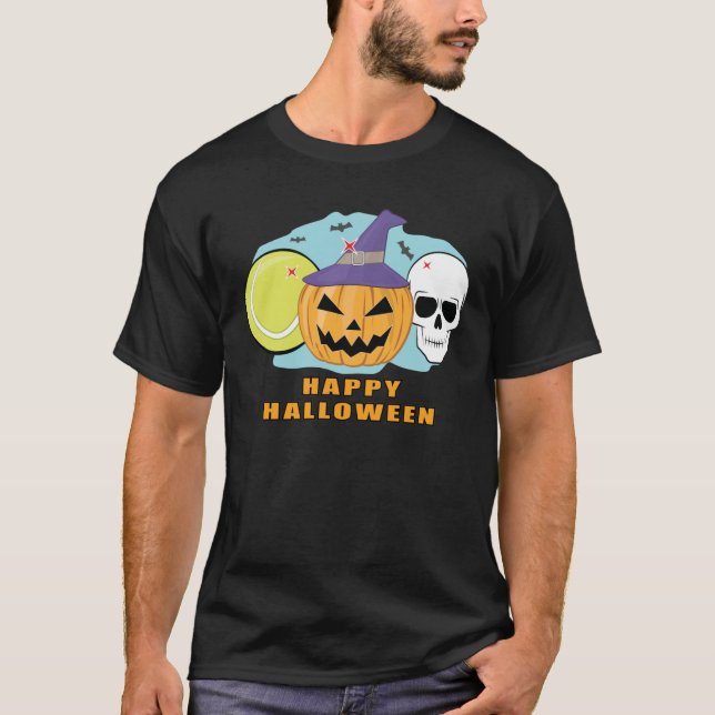 Happy Tennis Halloween - Spooky Skull and Pumpkin T-Shirt (Vorderseite)