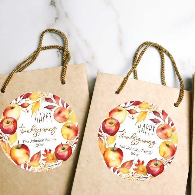 Happy Thanksgiving Apfelkranz-Vorlage Runder Aufkleber (Happy Thanksgiving watercolor apple and leave wreath favor gift stickers)