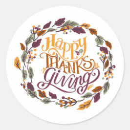 Happy Thanksgiving Autumn Leaf Wreath Typografie Runder Aufkleber