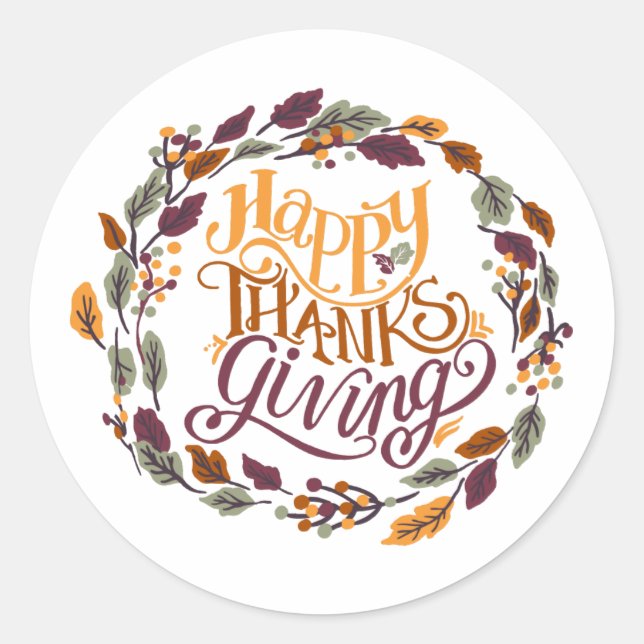 Happy Thanksgiving Autumn Leaf Wreath Typografie Runder Aufkleber (Vorderseite)