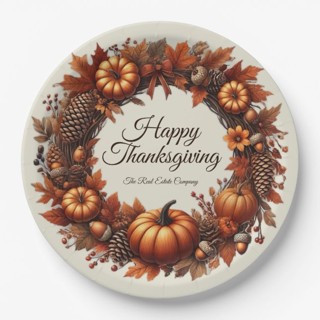 Happy Thanksgiving Autumn Leaves Wreath Company Pappteller (Vorderseite)