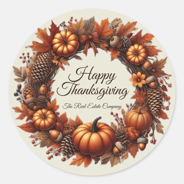 Happy Thanksgiving Autumn Leaves Wreath Company Runder Aufkleber (Vorderseite)