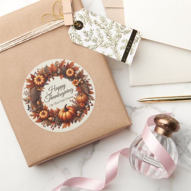 Happy Thanksgiving Autumn Leaves Wreath Company Runder Aufkleber (Schenken)
