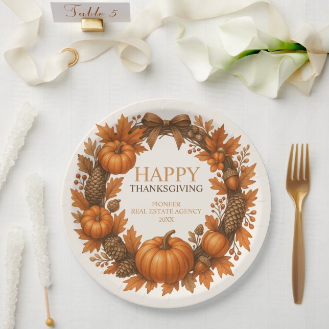 Happy Thanksgiving Autumn Wreath Corporate Pappteller (Hochzeit)
