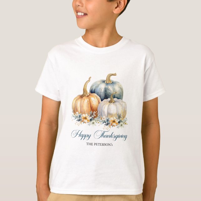 Happy Thanksgiving Blue Orange Gold Pumpkins T-Shirt (Vorderseite)